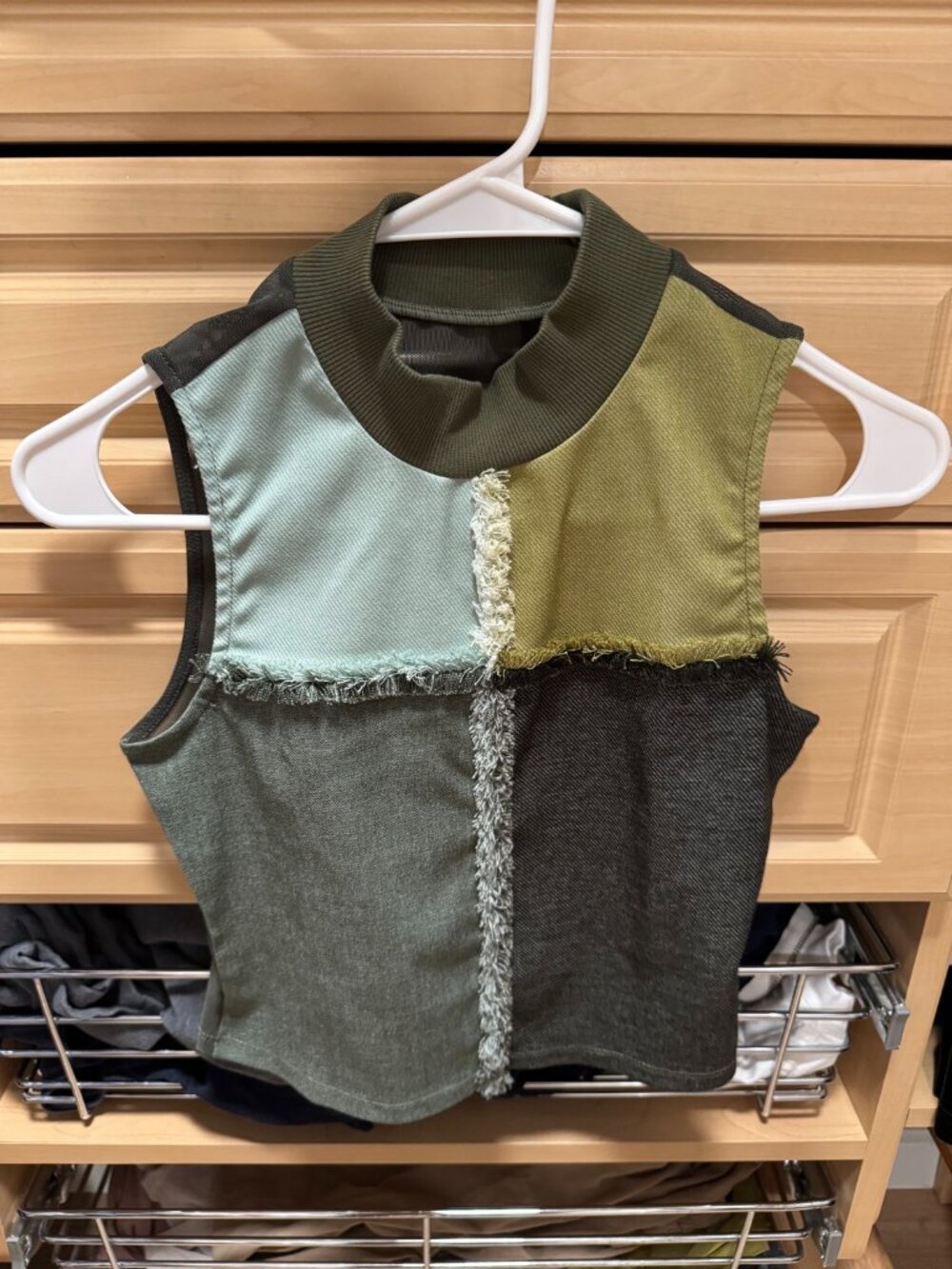 Green Patchwork Sleeveless Mock-Neck Top with Sheer Mesh Back — Size S